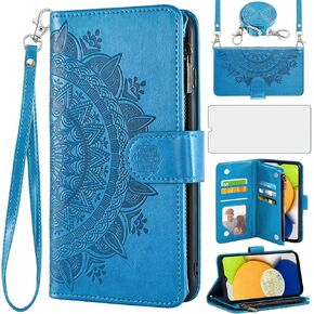 Asuwish Phone Case for Samsung Galaxy A03 Wallet Cell Cover with Screen Protector Lanyard Wrist Strap Mandala Flower Flip Zipper Card Holder Slot Stand A 03 03A Ao3 Women Girls Tempered Glass Pink