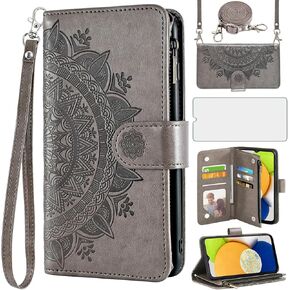 Asuwish Phone Case for Samsung Galaxy A03 Wallet Cell Cover with Screen Protector Lanyard Wrist Strap Mandala Flower Flip Zipper Card Holder Slot Stand A 03 03A Ao3 Women Girls Tempered Glass Pink