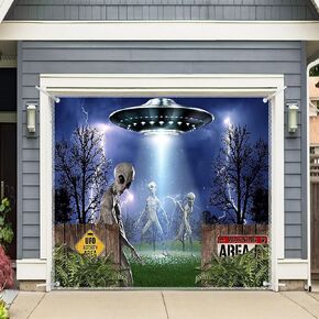 ZTHMOE 1PC 16x7ft UFO Alien Garage Door Banner Decorations Flying Saucer Science Photography Backdrop Spaceship Halloween Home Outdoor Wall Cover Scary Party Supplies