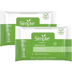 Simple Kind to Skin Facial Wipes Gentle and Effective Makeup Remover Cleansing Free from color and dye artificial perfume and harsh chemicals, 25 Count (Pack of 2)