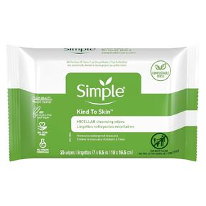 Simple Kind to Skin Facial Wipes Gentle and Effective Makeup Remover Cleansing Free from color and dye artificial perfume and harsh chemicals, 25 Count (Pack of 2)