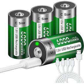8 Pack USB Rechargeable Lithium C Cell Batteries with Typle-C Cable, 1.5V C Size Battery 6000mWh for Flashlight