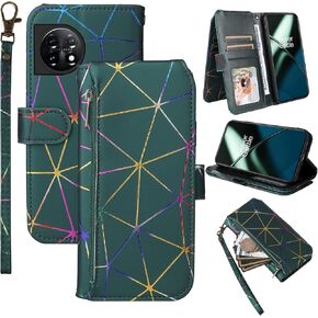 Wallet Case for OnePlus 11 5G with Wrist Strap, 9+ Card Slots Luxury PU Leather Zipper Flip Purse, Card Holder Geometric Cell Accessories Phone Cover for One Plus11 1 Plus 1plus11 One+ 1+ Black