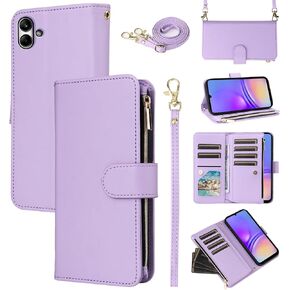 Wallet Case for Samsung Galaxy A04 with Detachable Wrist Strap Crossbody Shoulder Strap Leather Luxury PU Zipper Flip Purse 11+ Card Slots Protector Stand Phone Cover Ao4 A 04 4G Girls Pink