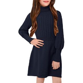 BesserBay Girls Long Sleeve Cable Knitted Sweater Dress Fall Turtleneck Pullover Midi Dress Size 5-14 Years