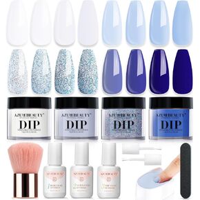 AZUREBEAUTY 12 Pcs Dip Powder Nail Kit, Spring Summer White Navy Blue Glitter 4 Colors Acrylic Dip Powder Base Activator and Top Coat for French Nail Art Manicure DIY Gift for Women