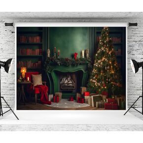 Kate 10×10ft Green Christmas Photography Backdrop Indoor Classic Xmas Tree Gift Bookshelf Decoration New Year Photography Background for Picture Video Party Studio Props