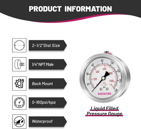 -30 inHg to 0 Glycerin Filled Vacuum Pressure Gauge, 2.5" Dial Size, Stainless Steel Case, with Vent Valve, 1/4" NPT Lower Mount, 2-1-2% Accuracy, for Air Pump, HVAC, Pipe, Pressure Test in Saudi Arabia