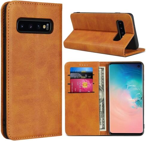 حافظة لهاتف سامسونج S10e، حافظة محفظة جلدية مغناطيسية بنمط جلد البقر وغطاء قلاب مع فتحات للبطاقات/مقصورة للنقود لهاتف سامسونج جالاكسي S10e- بني داكن in Kuwait