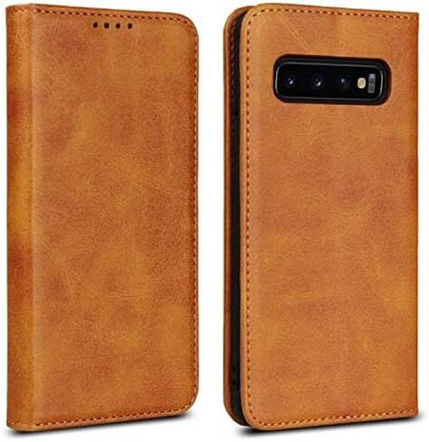 حافظة لهاتف سامسونج S10e، حافظة محفظة جلدية مغناطيسية بنمط جلد البقر وغطاء قلاب مع فتحات للبطاقات/مقصورة للنقود لهاتف سامسونج جالاكسي S10e- بني داكن in Kuwait