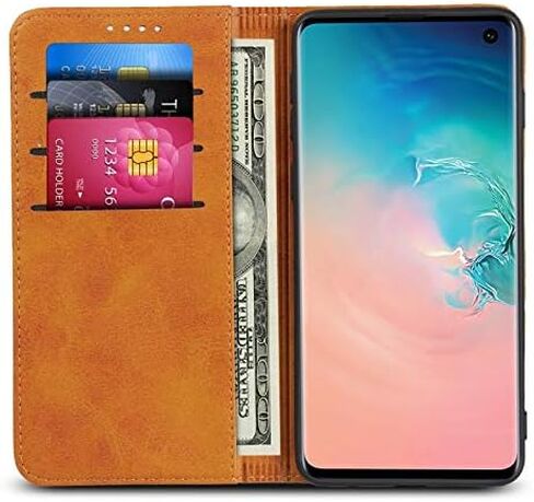 حافظة لهاتف سامسونج S10e، حافظة محفظة جلدية مغناطيسية بنمط جلد البقر وغطاء قلاب مع فتحات للبطاقات/مقصورة للنقود لهاتف سامسونج جالاكسي S10e- بني داكن in Kuwait