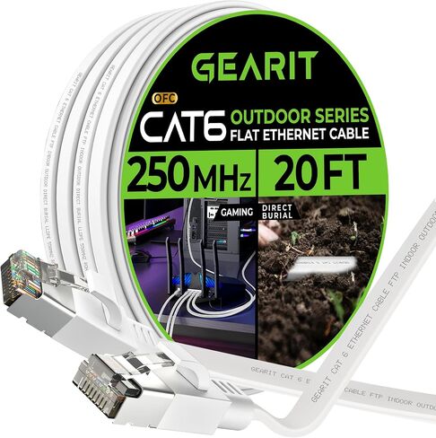GearIT Cat 6 Outdoor Flat Ethernet Cable (50ft, White) Direct Burial Rated LLDPE Jacket - Indoor Cat6 Shielded FTP 10Gbps High Speed Gaming Computer Network RJ45 Snagless Patch Cord Internet in Saudi Arabia