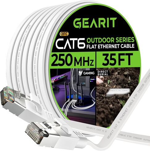 GearIT Cat 6 Outdoor Flat Ethernet Cable (50ft, White) Direct Burial Rated LLDPE Jacket - Indoor Cat6 Shielded FTP 10Gbps High Speed Gaming Computer Network RJ45 Snagless Patch Cord Internet in Saudi Arabia