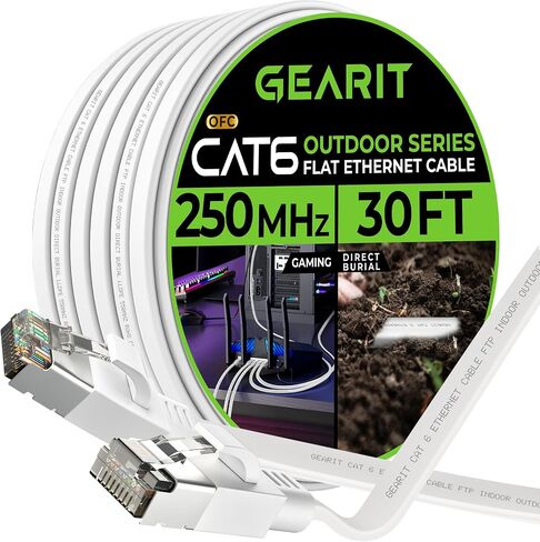 GearIT Cat 6 Outdoor Flat Ethernet Cable (50ft, White) Direct Burial Rated LLDPE Jacket - Indoor Cat6 Shielded FTP 10Gbps High Speed Gaming Computer Network RJ45 Snagless Patch Cord Internet in Saudi Arabia