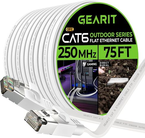 GearIT Cat 6 Outdoor Flat Ethernet Cable (50ft, White) Direct Burial Rated LLDPE Jacket - Indoor Cat6 Shielded FTP 10Gbps High Speed Gaming Computer Network RJ45 Snagless Patch Cord Internet in Saudi Arabia