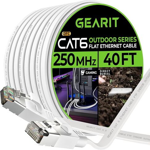 GearIT Cat 6 Outdoor Flat Ethernet Cable (50ft, White) Direct Burial Rated LLDPE Jacket - Indoor Cat6 Shielded FTP 10Gbps High Speed Gaming Computer Network RJ45 Snagless Patch Cord Internet in Saudi Arabia