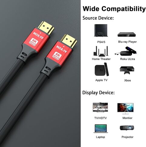 HDMI Cable 1.5ft, 48Gbps 8K@60Hz 4K@120Hz, HDCP 2.2 & 2.3, DTS:X, HDR 10 Compatible with Roku TV/eARC/3D/PS5/HDTV/Laptop/Blu-ray High Speed HDMI Cable(Red) in Saudi Arabia
