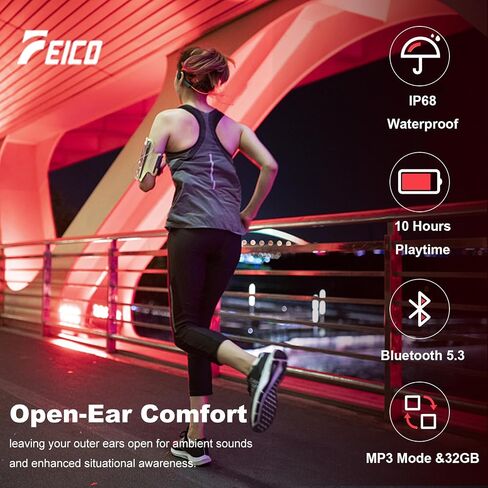 سماعات رأس FEICO Bone Conduction، سماعات أذن لاسلكية مفتوحة الأذن، سماعات تشغيل بلوتوث 5.3 مع ميكروفون - مشغل MP3 مدمج بذاكرة 32 جيجابايت IP68 مقاومة للماء للسباحة والتزلج والدراجة in Saudi Arabia