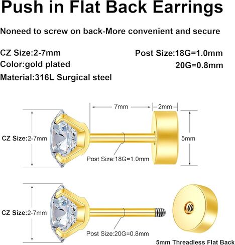 Stud Cartilage Earrings for Women Flat Back Earrings for Women Hypoallergenic Surgical Steel Stud Earrings 6 Pairs 18-20G in Saudi Arabia