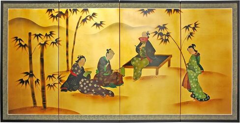 Red Lantern Love Birds on Traditional Gold Leaf Folding Silk Screen, 36" x 72" in Saudi Arabia
