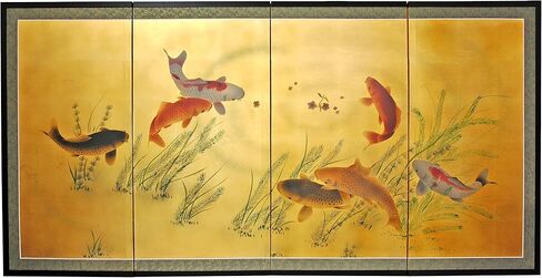 Red Lantern Love Birds on Traditional Gold Leaf Folding Silk Screen, 36" x 72" in Saudi Arabia