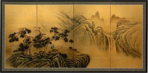 Red Lantern Love Birds on Traditional Gold Leaf Folding Silk Screen, 36" x 72" in Saudi Arabia