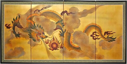 Red Lantern Love Birds on Traditional Gold Leaf Folding Silk Screen, 36" x 72" in Saudi Arabia
