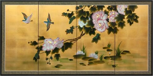 Red Lantern Love Birds on Traditional Gold Leaf Folding Silk Screen, 36" x 72" in Saudi Arabia