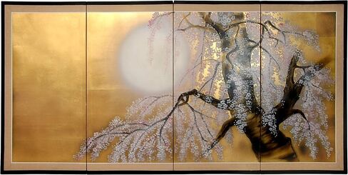 Red Lantern Love Birds on Traditional Gold Leaf Folding Silk Screen, 36" x 72" in Saudi Arabia