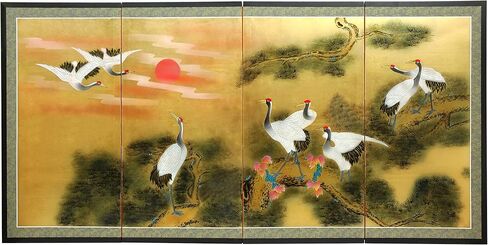 Red Lantern Love Birds on Traditional Gold Leaf Folding Silk Screen, 36" x 72" in Saudi Arabia