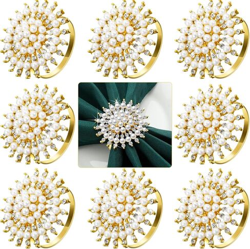 Patelai 8 Pcs Pearl Napkin Rings Flower Rhinestone Napkin Holder Metal Christmas Napkin Rings Set for Xmas Holiday Birthday Party Dinner Table Decoration in Kuwait