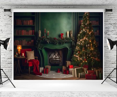 Kate 10×10ft Green Christmas Photography Backdrop Indoor Classic Xmas Tree Gift Bookshelf Decoration New Year Photography Background for Picture Video Party Studio Props in Saudi Arabia