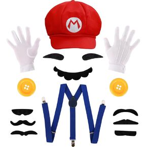 PIIDUOO Waluigi Costume Adult Halloween - Waluigi Hat Mustache Gloves Buttons Suspenders Accessories for Men & Women Cosplay