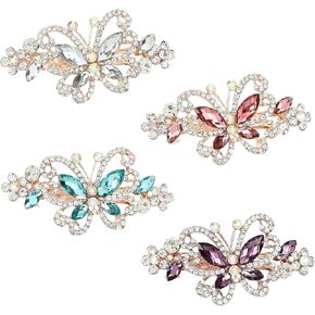 inSowni 4 Pack Gold Glitter Sparkly Gems Crystal Rhinestones Pearls Butterfly Metal French Barrettes Alligator Snap Hair Clips Pins Accessories for Women Girls