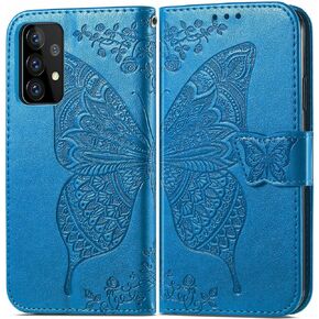 Samsung Galaxy A52 Case, Samsung A52/ A52 5G/ A52s 5G Wallet Case, MEUPZZK Embossed Butterfly Premium PU Leather [Kickstand][Card Slots][Wrist Strap][6.5 inch] Phone Cover for Samsung A52 (A-Lavender)