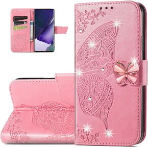 Wallet Case for Samsung Galaxy A13 5G, Butterfly Pattern PU Leather Case with Magnetic Clasp and Cash Card Holder Cover for Galaxy A13 5G Rhinestone Rose Gold