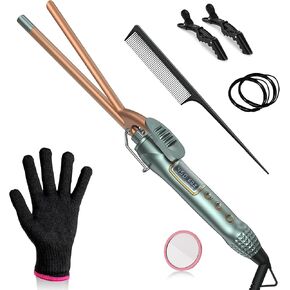 3/8 Inch Small Curling Iron, 9mm Tiny Curling Iron Wand Barrel for Medium & Long Hair, Ceramic Small Barrel Curling Iron with Adjustable Temperature, with Heat Resistant Glove and Pad, 9-in-1 Gift Set