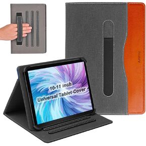 Universal 10.1" Leather Tablet Cover Case with Stylus Holder, for All 10-11 inch Android/iOS/Windows Tablet, Slim Folding Folio Tablet Cover with Stand/Hand Strap/Pocket-Gray