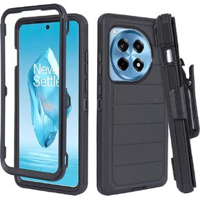 Compatible for OnePlus 12R 5G (2024) with Belt Clip Holster, Heavy Duty Military Grade Drop Protective Case with Rotating Stand (No Screen Protector) (Black)