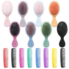 28 Pack Mini Wet Brush Colorful Hair Combs Set, ANSLCA 14 Detangler Mini Hair Brush Detangling Travel Hair Brush with 14 Plastic Fine Wide Hair Combs for Women Men Kids Toddler Girls Baby Curly Hair