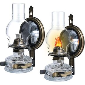 2 Pack Large Wall Kerosene Lamp Lantern Rustic Chamber Oil Lamps for Indoor Use Wall Mounted Oil Lamp for Indoor Use Vintage Glass Clear Hurricane Lantern