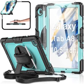 Case for Samsung Galaxy Tab A8 10.5-inch Tablet Case 2022 [with Tempered Glass Screen Protector], 360° Rotatable Kickstand/Hand & Shoulder Strap/S Pen Holder (Black)