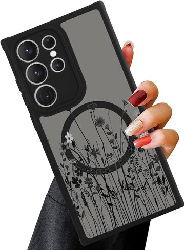 OOK Magnetic for Samsung Galaxy S24 Ultra Case [12FT Military Grade Drop Tested] [Compatible with MagSafe] Protective Full Body Protection Phone Case for S24 Ultra Case, Black Wild Flower in Kuwait
