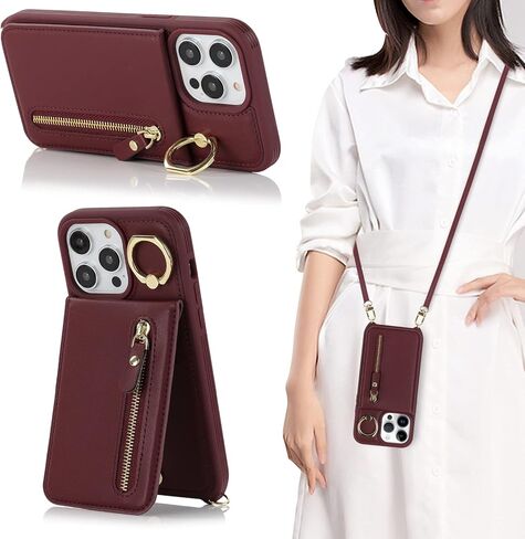 Jaorty Phone Case for iPhone 14 Pro Max with Strap,for iPhone 14 Pro Max Case Wallet with Card Holder for Women,Crossbody Lanyard Cases with Zipper Pocket Kickstand Ring Holder 6.7",Rosegold in Kuwait