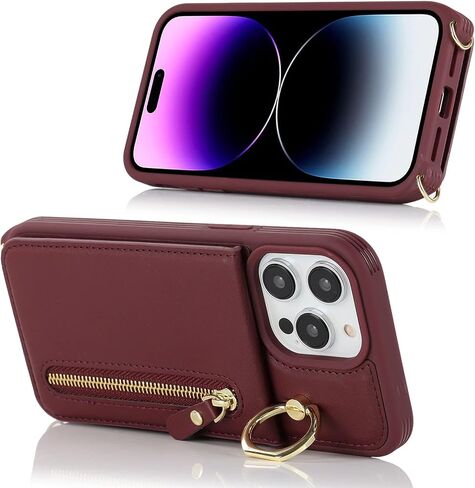 Jaorty Phone Case for iPhone 14 Pro Max with Strap,for iPhone 14 Pro Max Case Wallet with Card Holder for Women,Crossbody Lanyard Cases with Zipper Pocket Kickstand Ring Holder 6.7",Rosegold in Kuwait