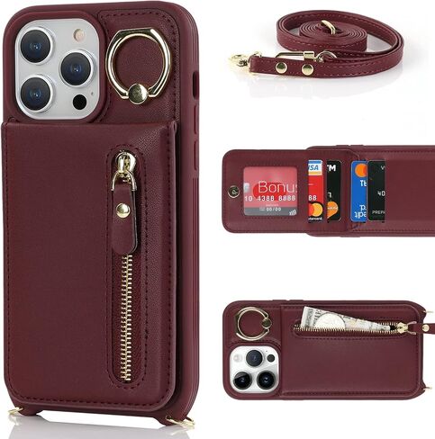 Jaorty Phone Case for iPhone 14 Pro Max with Strap,for iPhone 14 Pro Max Case Wallet with Card Holder for Women,Crossbody Lanyard Cases with Zipper Pocket Kickstand Ring Holder 6.7",Rosegold in Kuwait