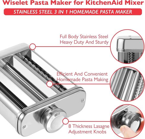 Pasta Maker Attachment for KitchenAid Stand Mixer, 3 Pieces Pasta Roller Attachments, Full Body Stainless Steel and Heavy Duty, Homemade Spaghetti, Fettucine and Lasagne in Saudi Arabia