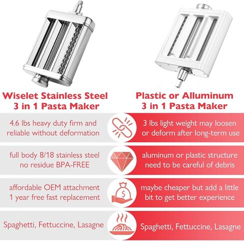 Pasta Maker Attachment for KitchenAid Stand Mixer, 3 Pieces Pasta Roller Attachments, Full Body Stainless Steel and Heavy Duty, Homemade Spaghetti, Fettucine and Lasagne in Saudi Arabia