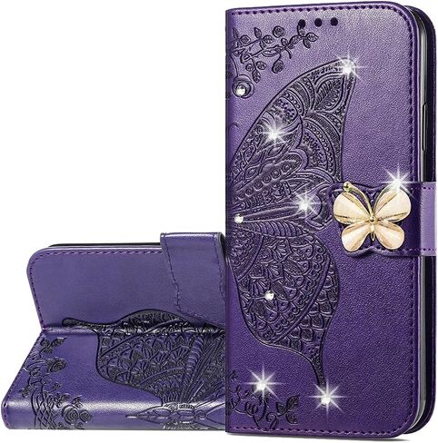 Wallet Case for Samsung Galaxy A13 5G, Butterfly Pattern PU Leather Case with Magnetic Clasp and Cash Card Holder Cover for Galaxy A13 5G Rhinestone Rose Gold in Saudi Arabia