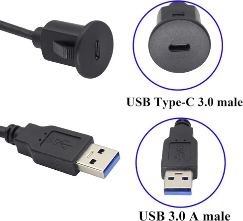zdyCGTime USB Type C 3.0 Flush Mount Extension Cable USB C 3.0 Male to Female Flush Panel Mount Cable for Car, Boat, Motorcycle, Truck Dashboard,Sync Charging & Data Transferring.(1.5M/5FT/Type C) in Kuwait